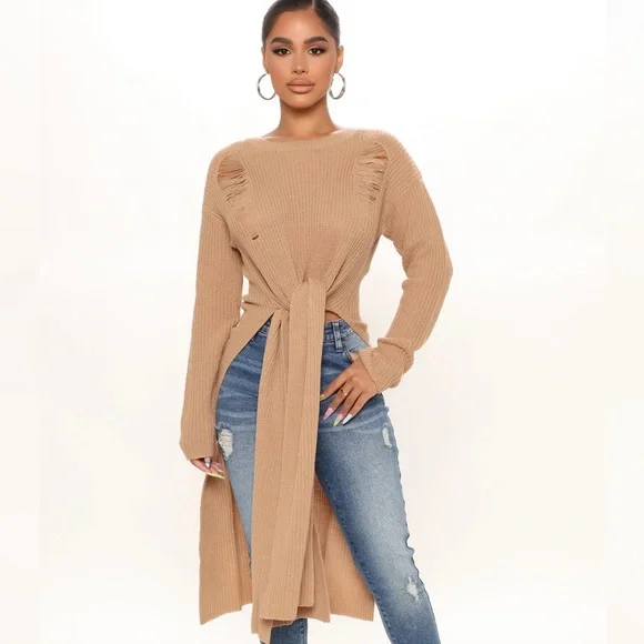 *NWT* Fashion Nova Kara Tie Front Sweater in Tan - Size Large - Picture 1 of 7